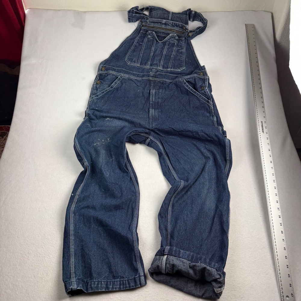 Real Work Mens Denim Bib Overalls Dark Wash Distressed 40W x 30L Relaxed Fit